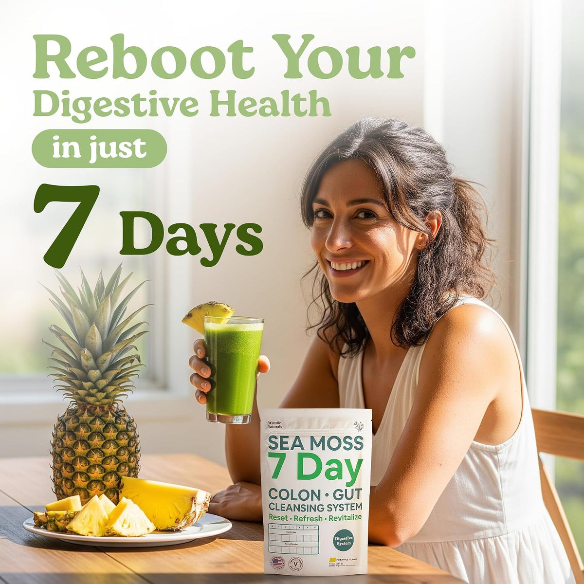 Atlantic Naturals Psyllium Husk Fiber Powder with Sea Moss – 7 Day Colon Cleanse & Daily Fiber Supplement Drink Mix with Senna – Gut Health & Regularity for Women & Men – Pineapple, 14 oz