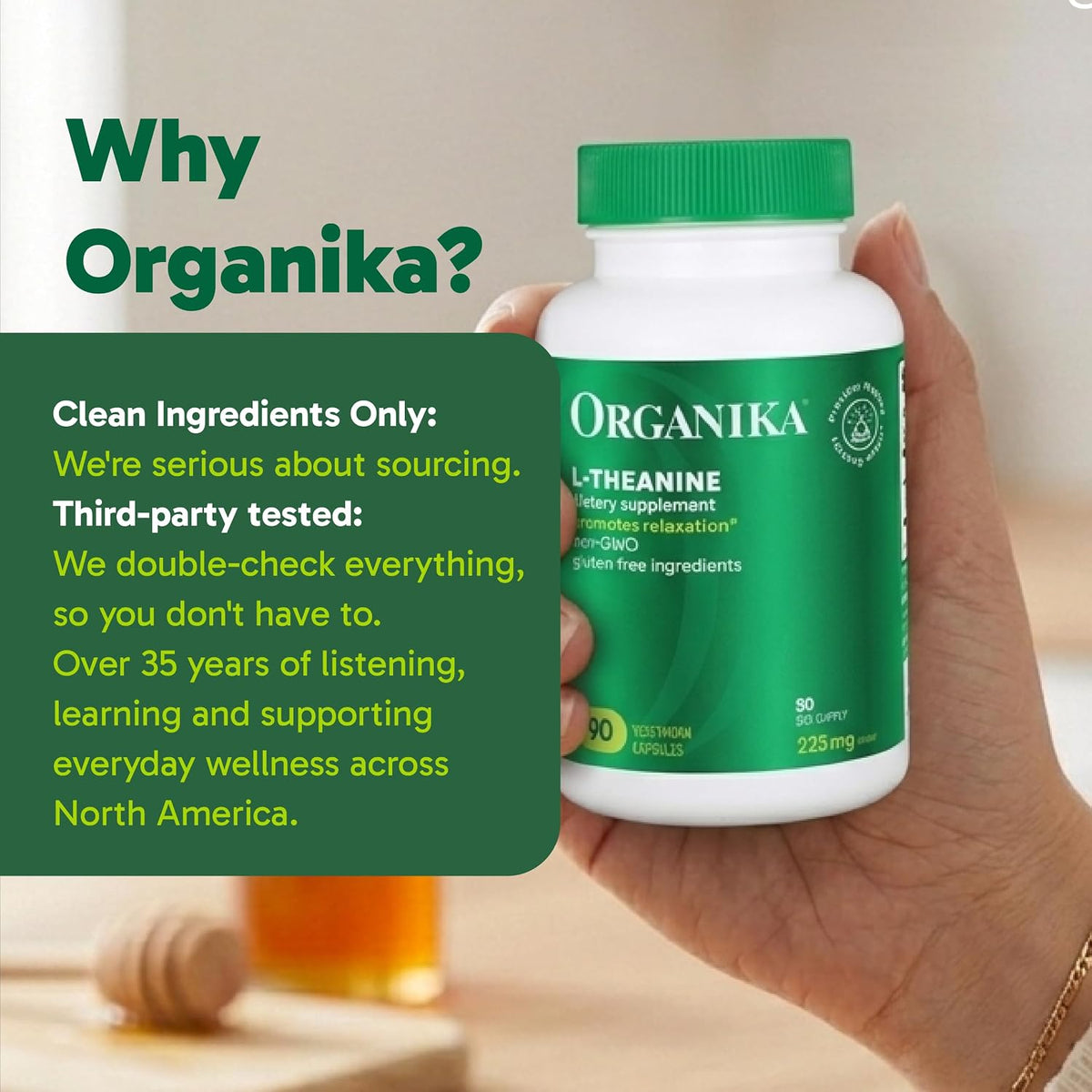 Organika L-Theanine Supplement 8 oz - 90 Capsules: 90 Day Supply of Clean Bioavailable L Theanine for Relaxation, Balance, and Calm - Easy-to-Swallow Single Capsule Servings
