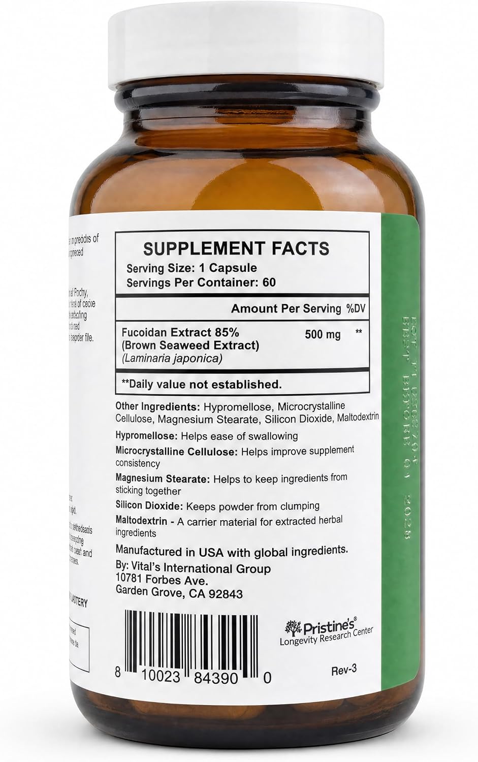 PRISTINE'S Fucoidan 500mg Brown Seaweed Extract Capsules, Vegan, 60 Count | Marine wellness support from brown seaweed extract. 60 count glass bottle, vegan, non-GMO, gluten-free, third-party tested