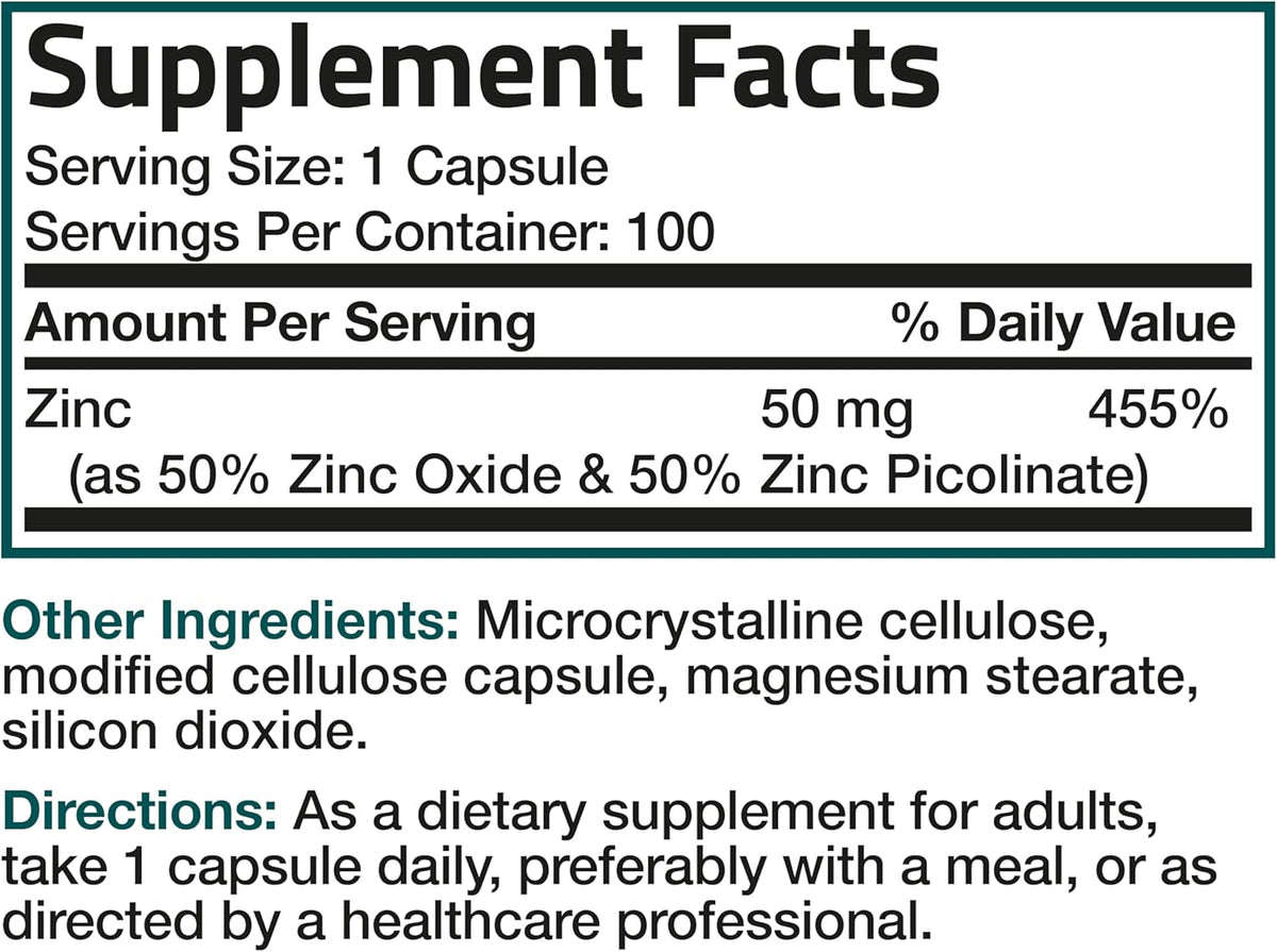 Bronson Zinc 50mg Complex High Potency Immune Support Supplement & Antioxidant and Skin Health - Non GMO, 100 Vegetarian Capsules