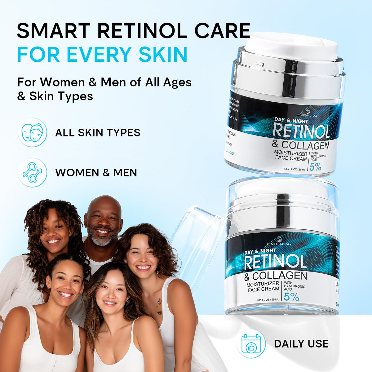 Face Moisturizer Retinol Cream, Anti Aging Neck Firming Cream, Collagen Day & Night Face Cream with Hyaluronic Acid for Women & Men, 1.85 Fl Oz