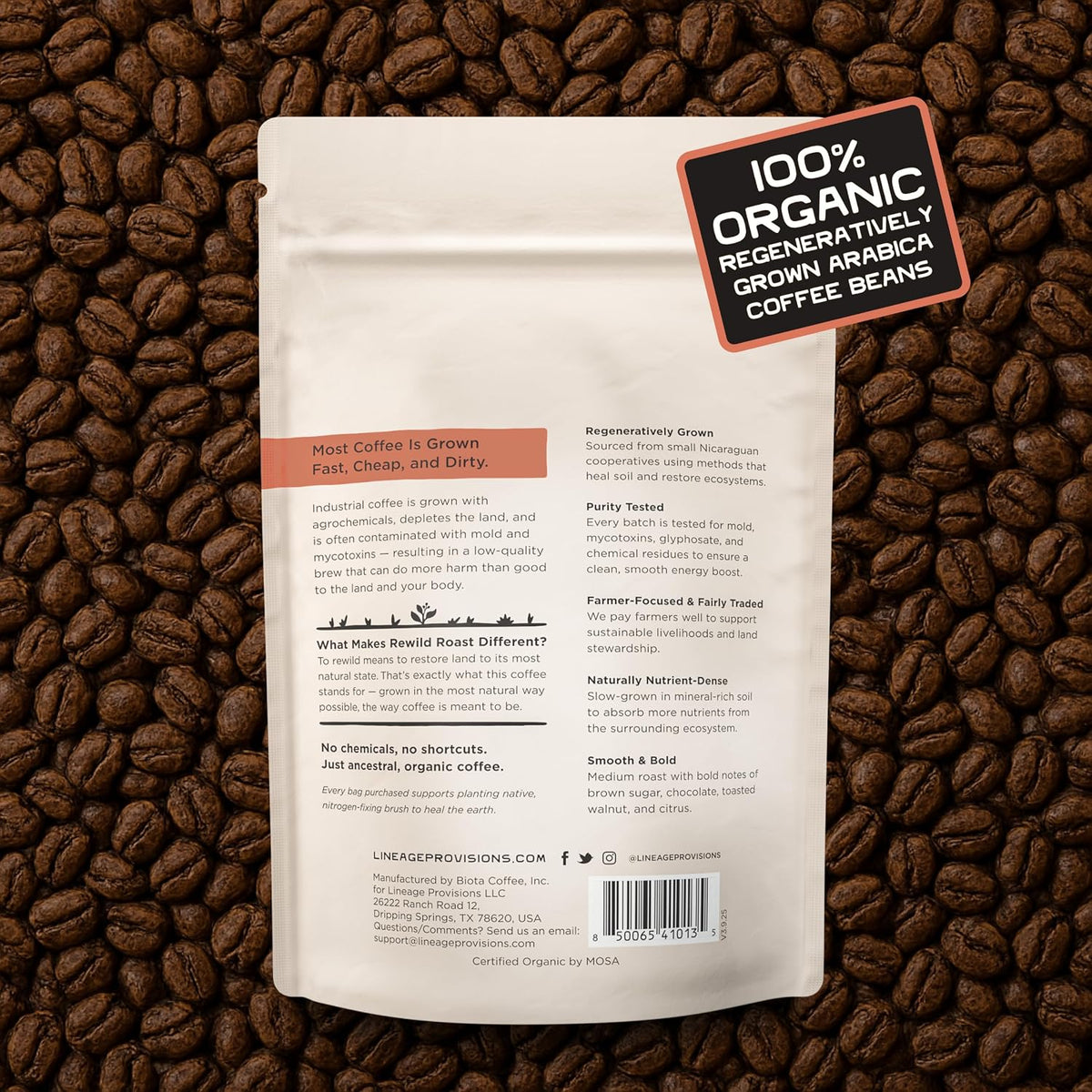 Lineage Provisions Rewild Roast Coffee, 12 oz Whole Beans | Organic whole coffee beans, Arabica medium roast with brown sugar, dark chocolate, toasted walnut, and citrus.
