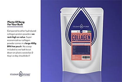Clean & Pure Collagen Powder, Lab Tested Bovine Peptides with No or Zero Growth Hormones, Pesticides or Vet Meds - 400g