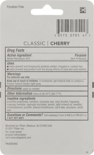 ChapStick Classic Skin Protectant Flavored Lip Balm Tube, Cherry Flavor, 0.15 Ounce (Pack of 3)