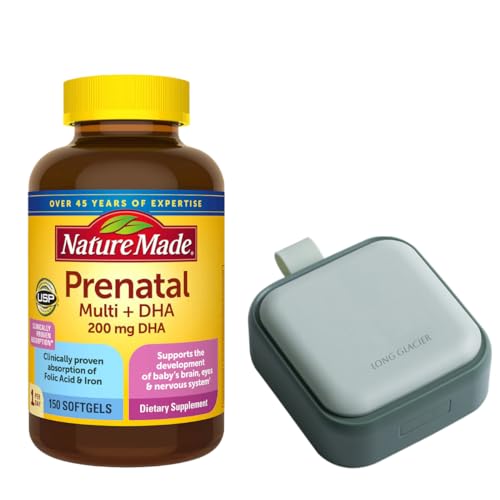 Nature Made Prenatal Multi + dha, 150 Count Softgels Bundle with Long Glacier Pill Oragnizer