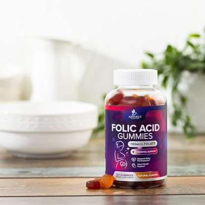 Folic Acid Gummies for Women 785 mcg, Essential Prenatal Vitamins for Mom & Baby, Vegan Folic Acid