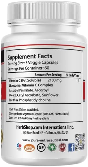 Herbshop® Liposomal Vitamin C 2100mg - 180 Capsules, 60 Servings - High Absorption Immune Support Supplement with Sunflower Lecithin - Bioavailable Antioxidant for Collagen & Skin - Made in USA