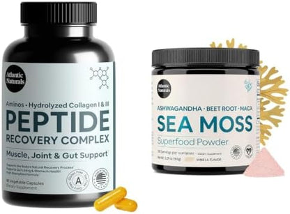 Atlantic Naturals Peak Performance Bundle – Peptide Recovery Complex 90 Capsules + Superfood Sea Moss Powder with Ashwagandha, Maca & Beet Root (Vanilla 150g) | Recovery & Energy