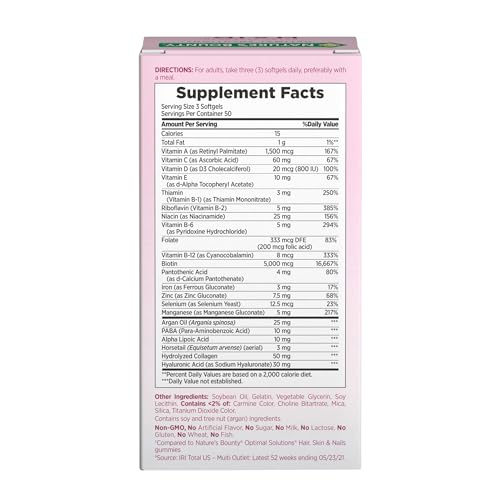 Nature's Bounty Advanced Hair, Skin & Nails, Argan-Infused Vitamin Supplement with Biotin and Hyaluronic Acid, 150 Rapid Release Softgels, 50 Total Servings