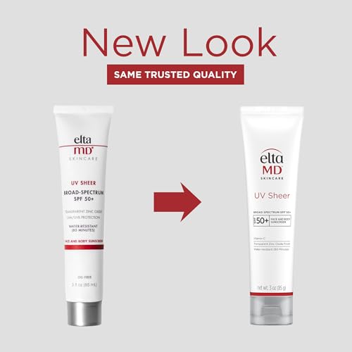 EltaMD UV Sheer Face and Body Sunscreen SPF 50+, Oil Free, No White Cast Sunscreen for Face and Body, Zinc Oxide Formula, 3.0 oz Tube