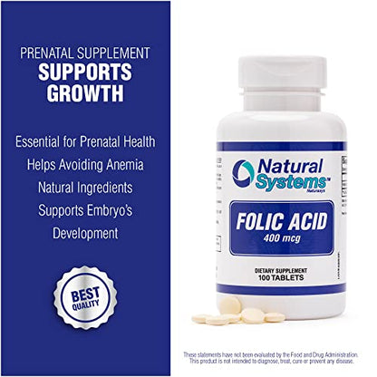 Folic Acid Supplement 100 Tablets 400 mcg by Natural Systems - Prenatal Vitamin for Women Perfect