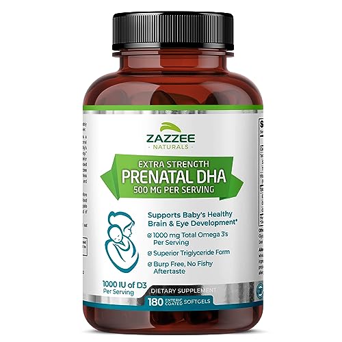 Zazzee Extra Strength Prenatal DHA 500 mg, 180 Enteric Coated Softgels, 1000 mg Omega 3’s