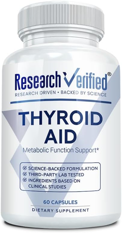 Research Verified® Thyroid Aid - Optimal Thyroid Function with Iodine Copper & Zinc - 260 mcg Selenium - 100% Pure - Vegan Friendly - 60 Capsules - 1 Month Supply