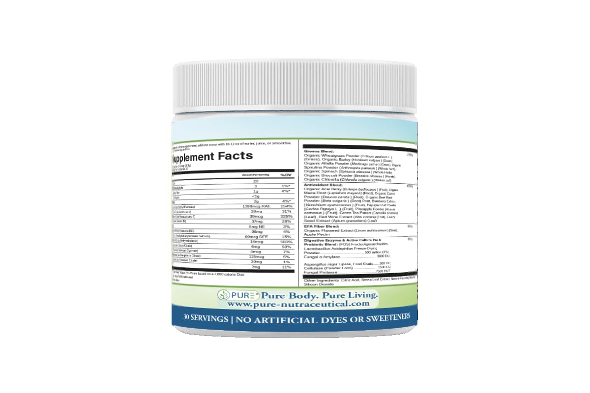 PURE® Greens Superfoods Powder - 30 Servings - 5300mg Raw Organic Greens & 1000mg Antioxidant Blend - with Probiotics & Digestive Enzymes - Wheatgrass, Spirulina & Chlorella - Lemon Lime Flavor