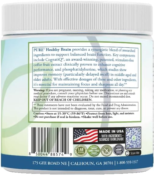 PURE® Healthy Brain Nootropic Powder - 30 Servings - 1.25g Lion’s Mane, 600mg Alpha-GPC & KSM-66® Ashwagandha - Cognitive Support for Memory, Focus & Stress Relief - 144 Grams, Mango Flavor!