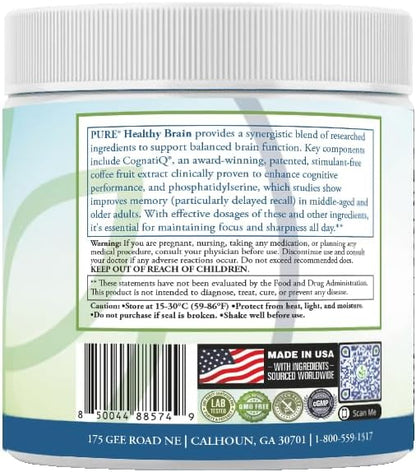 PURE® Healthy Brain Nootropic Powder - 30 Servings - 1.25g Lion’s Mane, 600mg Alpha-GPC & KSM-66® Ashwagandha - Cognitive Support for Memory, Focus & Stress Relief - 144 Grams, Mango Flavor!