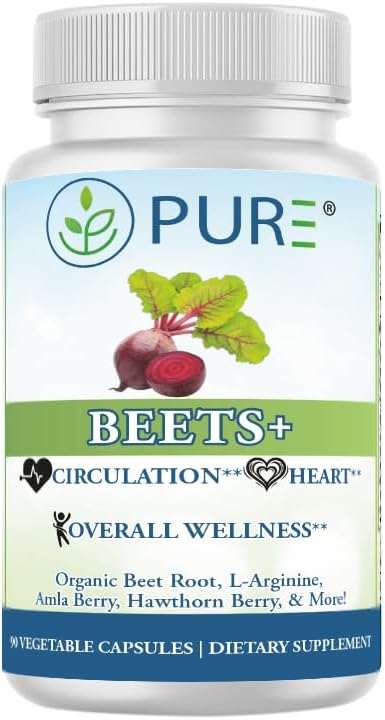 PURE® Beets+ Organic Beet Root Capsules - 900mg - 90 Count, 30 Servings - Blood Pressure & Circulation Support Supplement - with L-Arginine, Hawthorn Berry & B12 - Cardiovascular Health - Made in USA