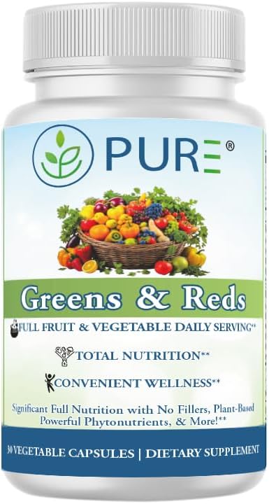PURE® Greens & Reds Capsules - 30 Servings - 9 Daily Servings of Fruits & Vegetables in 1 Capsule - PhytoServ® Superfood Blend with Broccoli, Kale & Berries - Plant-Based Phytonutrient Shield