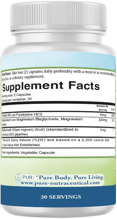 PURE® Magnesium+ High Absorption Supplement - 220mg Elemental Magnesium Bisglycinate Complex - 60 Capsules, 30 Servings - Vitamin B6 & BioPerine® for Maximum Uptake - Muscle, Sleep & Nerve Support
