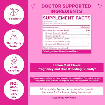 Pink Stork Heartburn Tea: Lemon Mint, 100% Organic, Heartburn Pregnancy Relief