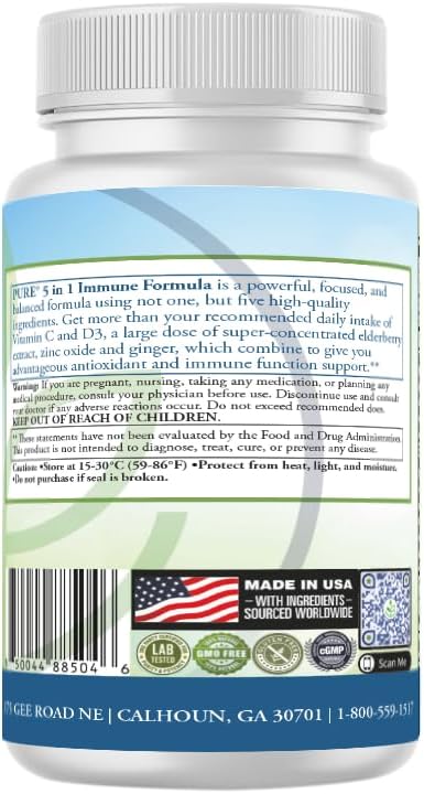 PURE® 5 in 1 Immune Formula - 120 Capsules - Black Elderberry 100 mg, Vitamin C 1000 mg, Vitamin D3 125 mcg (5000 IU), Zinc & Ginger Root - All-in-One Seasonal Defense Shield - Antioxidant Support USA