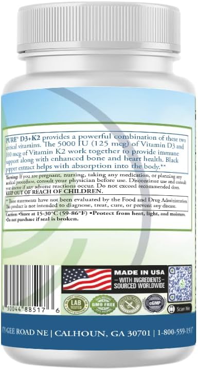 PURE® Vitamin D3 + K2 (MK-7) Supplement - 5000 IU (125mcg) D3 & 100mcg K2-60 Vegetable Capsules - with BioPerine® for Maximum Absorption - Immune, Bone & Heart Health Formula - Made in USA