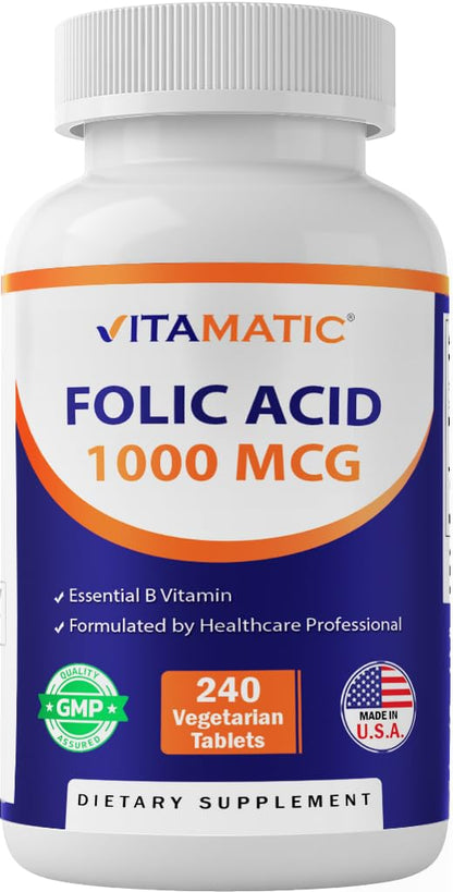 Vitamatic Folic Acid 1000 mcg (1 mg) - Vegetarian Tablets - 1667 mcg DFE - Vitamin B9 (240 Count (Pack of 1))