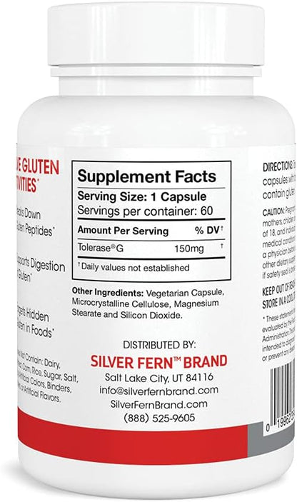 Silver Fern Gluten Comfort with Tolerase G - 1 Bottle - 60 Capsules | Digestive Enzyme Made Specifically to Break Down and Digest Gluten Protein