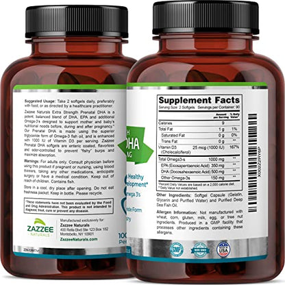 Zazzee Extra Strength Prenatal DHA 500 mg, 180 Enteric Coated Softgels, 1000 mg Omega 3’s