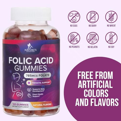 Folic Acid Gummies for Women 785 mcg, Essential Prenatal Vitamins for Mom & Baby, Vegan Folic Acid