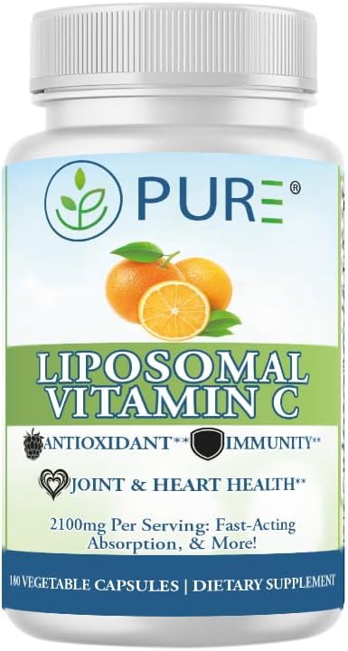 PURE® Liposomal Vitamin C 2100mg - 180 Capsules, 60 Servings - High Absorption Immune Support Supplement with Sunflower Lecithin - Bioavailable Antioxidant for Collagen & Skin - Made in USA