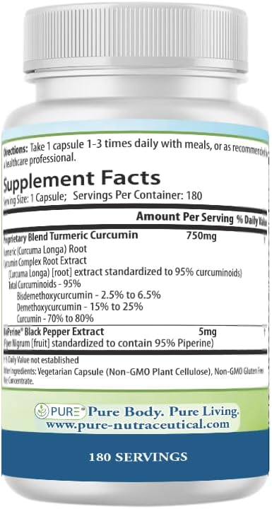 PURE® Turmeric Curcumin 750 mg - 180 Vegetable Capsules - Standardized to 95% Curcuminoids with BioPerine Black Pepper Extract - Antioxidant & Metabolic Support - Non-GMO, Made in USA