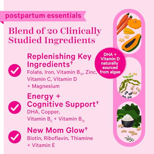 Pink Stork Total Postnatal Vitamins for Women with Vegan DHA, Iron, Folate, and Vitamin B12