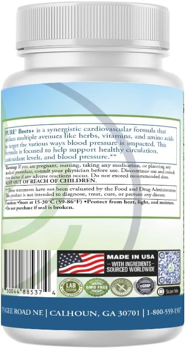 PURE® Beets+ Organic Beet Root Capsules - 900mg - 90 Count, 30 Servings - Blood Pressure & Circulation Support Supplement - with L-Arginine, Hawthorn Berry & B12 - Cardiovascular Health - Made in USA