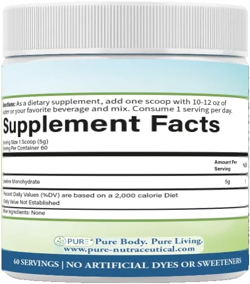 PURE® Creatine Monohydrate Powder - 300g, 60 Servings Unflavored Micronized Creatine for Muscle Growth, Strength & Recovery - 5g Per Serving - Lab Tested, Non-GMO, Made in USA