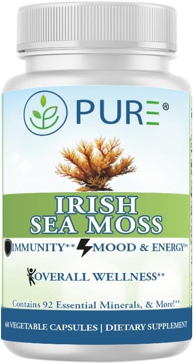 PURE® Irish Sea Moss 750mg - 60 Organic Capsules - Wildcrafted North Atlantic Superfood with 92 Essential Minerals - Thyroid, Immune & Energy Support - Made in the USA