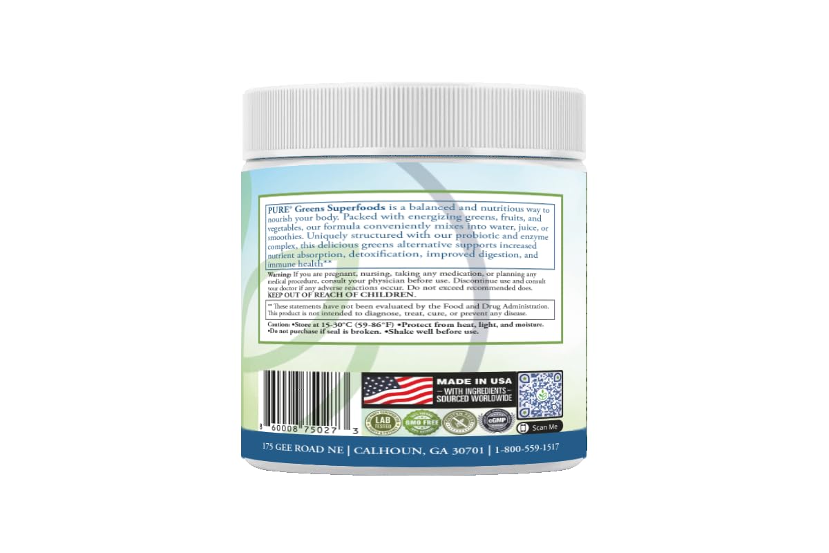 PURE® Greens Superfoods Powder - 30 Servings - 5300mg Raw Organic Greens & 1000mg Antioxidant Blend - with Probiotics & Digestive Enzymes - Wheatgrass, Spirulina & Chlorella - Lemon Lime Flavor