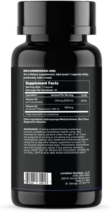 Leviathan Nutrition Vitamin D3 K2 2 in 1 Formula | 360mcg Vitamin K2 (MK7) + Vitamin D3 5000 IU Vegan Organic Extra Strength Vitamin Supplements - Support Heart, Teeth, Joint, and Bone Health