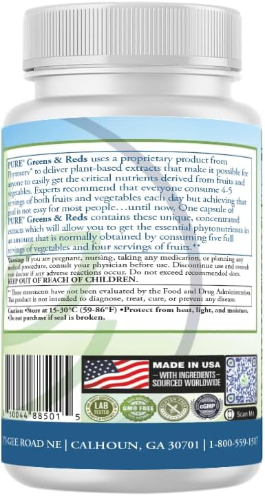 PURE® Greens & Reds Capsules - 30 Servings - 9 Daily Servings of Fruits & Vegetables in 1 Capsule - PhytoServ® Superfood Blend with Broccoli, Kale & Berries - Plant-Based Phytonutrient Shield