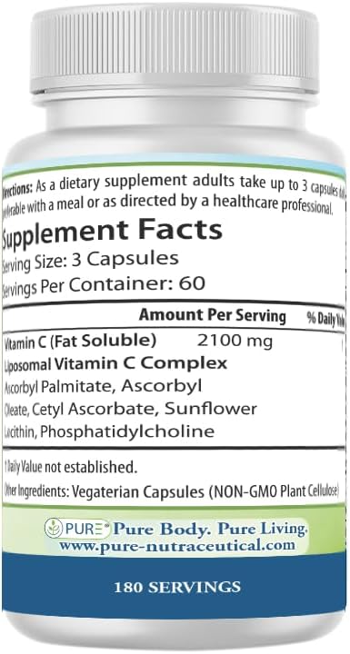 PURE® Liposomal Vitamin C 2100mg - 180 Capsules, 60 Servings - High Absorption Immune Support Supplement with Sunflower Lecithin - Bioavailable Antioxidant for Collagen & Skin - Made in USA