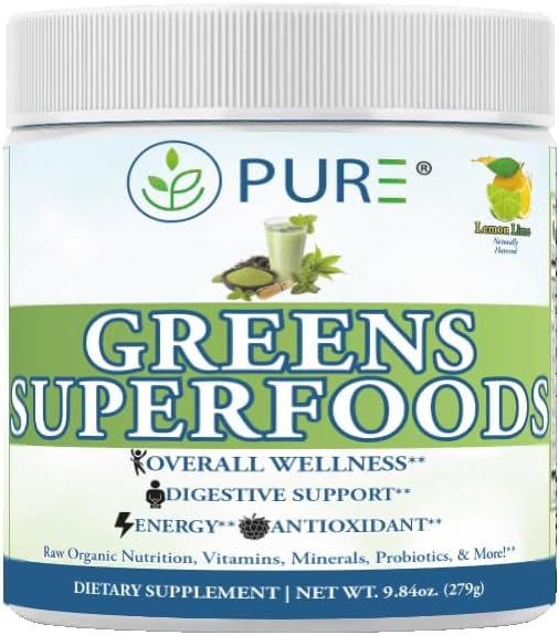 PURE® Greens Superfoods Powder - 30 Servings - 5300mg Raw Organic Greens & 1000mg Antioxidant Blend - with Probiotics & Digestive Enzymes - Wheatgrass, Spirulina & Chlorella - Lemon Lime Flavor