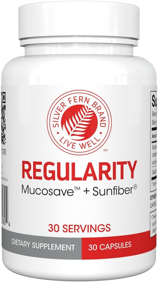 Silver Fern Regularity Digestive Supplement Capsules Brand | 1 Bottle = 30 Capsules = 30 Day Supply - Mucosave FG (Prickly Pear Polysaccharides & Olive Leaf Polyphenols) & SunFiber