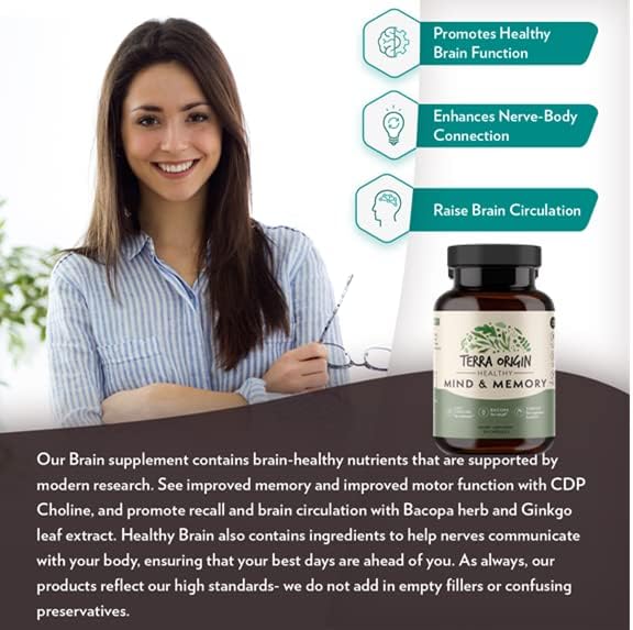 TERRA ORIGIN Healthy Mind and Memory Support Supplement | Cognitive Memory Matrix | Nootropic CDP, Bacopa, L-Tyrosine, Huperzine A, Ginko, B12 | Non GMO, Gluten Free, Dairy Free | 30 Capsules