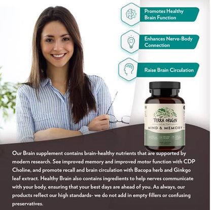 TERRA ORIGIN Healthy Mind and Memory Support Supplement | Cognitive Memory Matrix | Nootropic CDP, Bacopa, L-Tyrosine, Huperzine A, Ginko, B12 | Non GMO, Gluten Free, Dairy Free | 30 Capsules