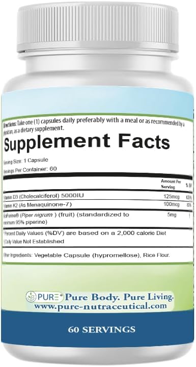 PURE® Vitamin D3 + K2 (MK-7) Supplement - 5000 IU (125mcg) D3 & 100mcg K2-60 Vegetable Capsules - with BioPerine® for Maximum Absorption - Immune, Bone & Heart Health Formula - Made in USA
