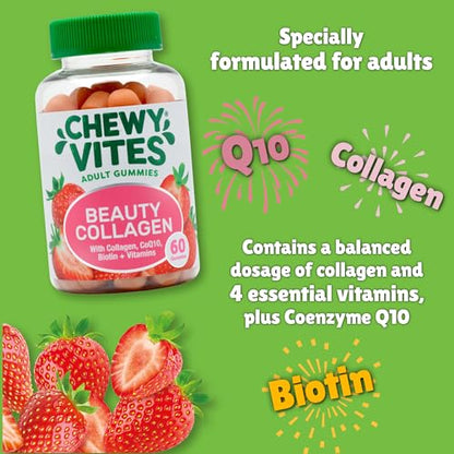Chewy Vites Beauty Collagen 60 Gummy Vitamins |Hydrolised Collagen, CoQ10, Biotin + Vitamins | 1 Month Supply | Real Fruit Juice | Berry Flavour | 2-a-Day |