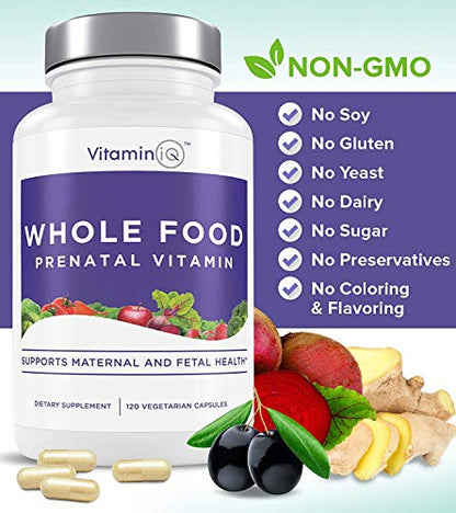 VitaminIQ Whole Food Prenatal Vitamins (120 Capsules) Natural Support for Maternal and Fetal Health