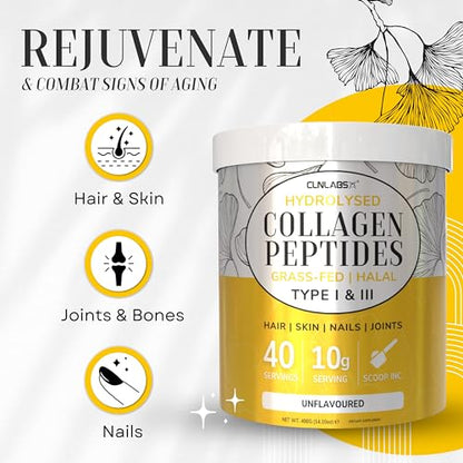 100% Pure Hydrolysed Collagen Peptides Powder - 400g Tub | Halal & Grass-Fed Bovine Collagen