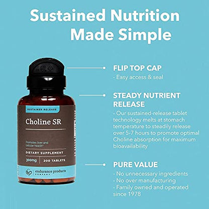 Choline Bitartrate Sustained Release - 300mg 200 Tablet - Promotes Brain Health, Mental Focus & Memory