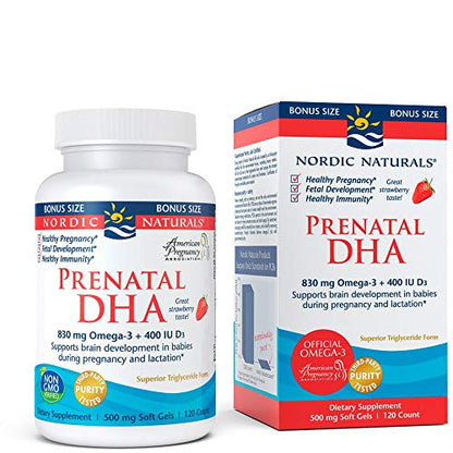 Nordic Naturals Prenatal DHA, Strawberry - 120 Soft Gels - 830 mg Omega-3 + 400 IU Vitamin D3